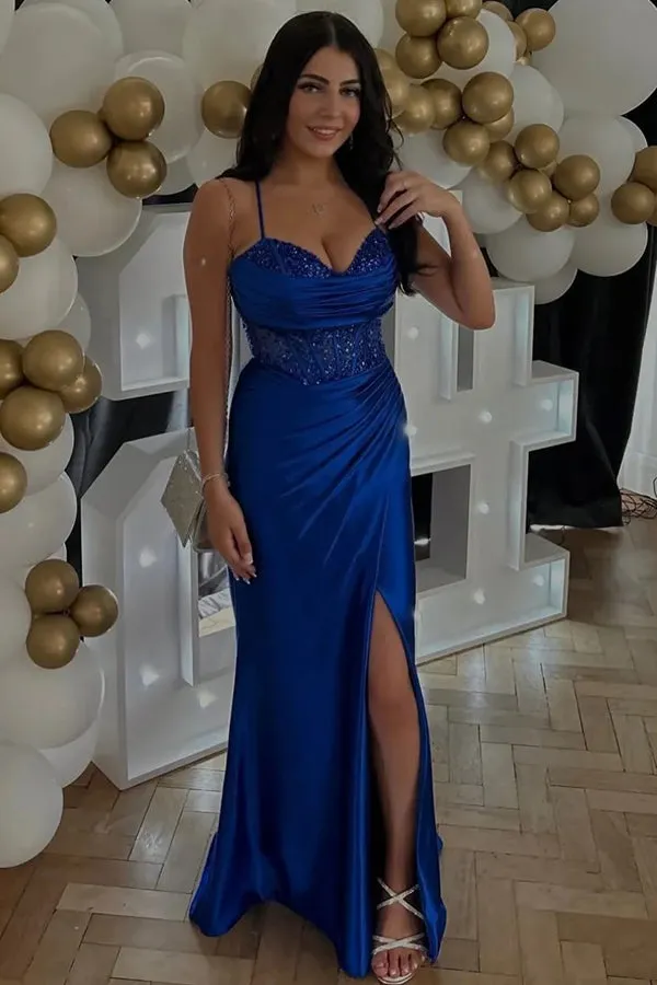 Mermaid Spaghetti Straps Corset Long Prom Dress with Slit PSK597