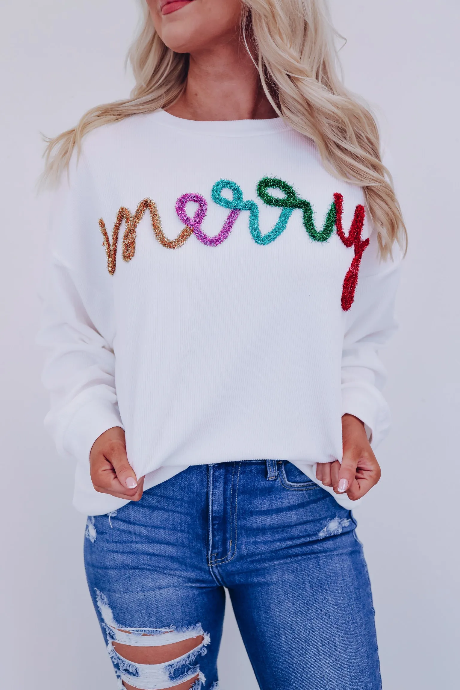 Merry Tinsel Ribbed Pullover - White