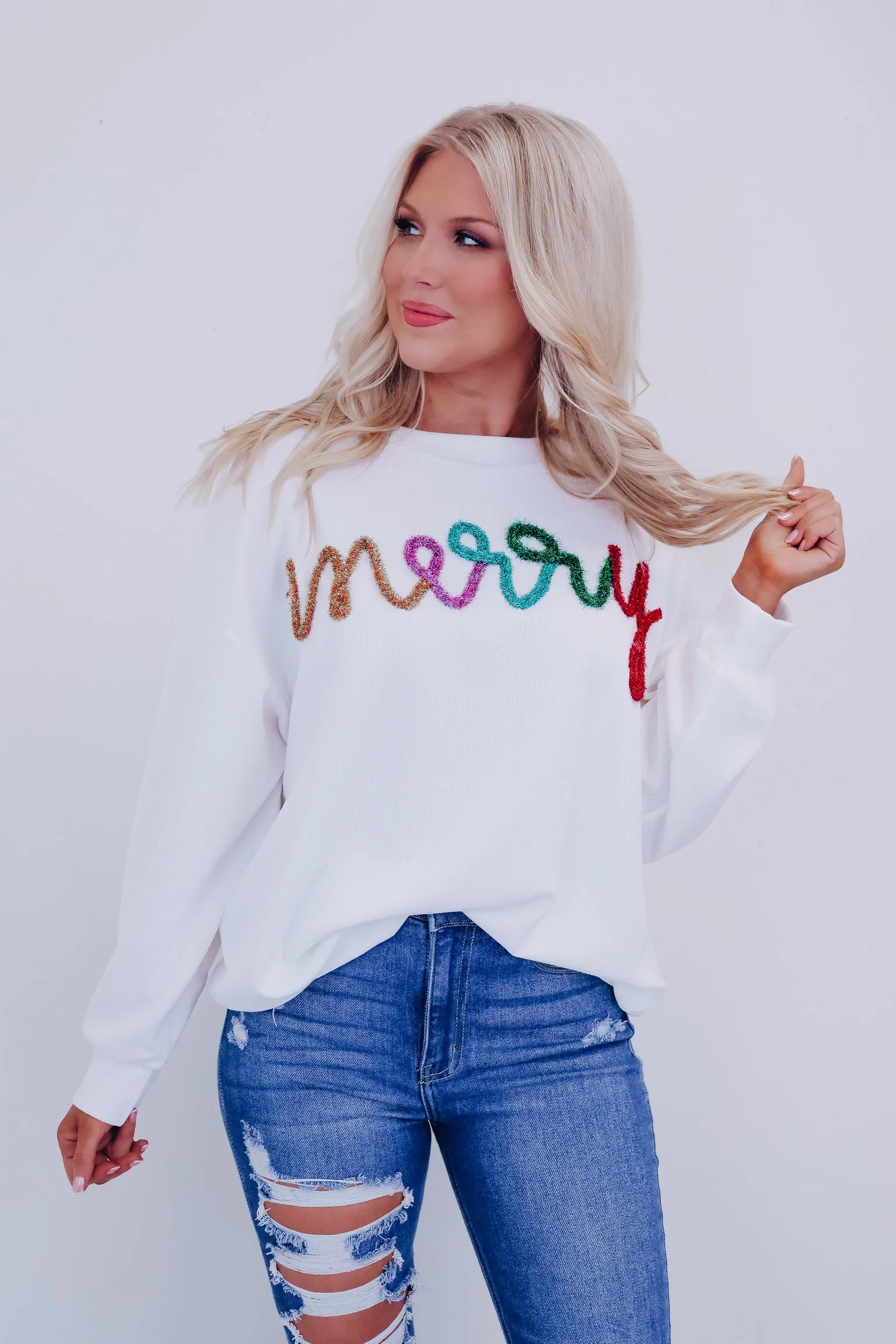 Merry Tinsel Ribbed Pullover - White