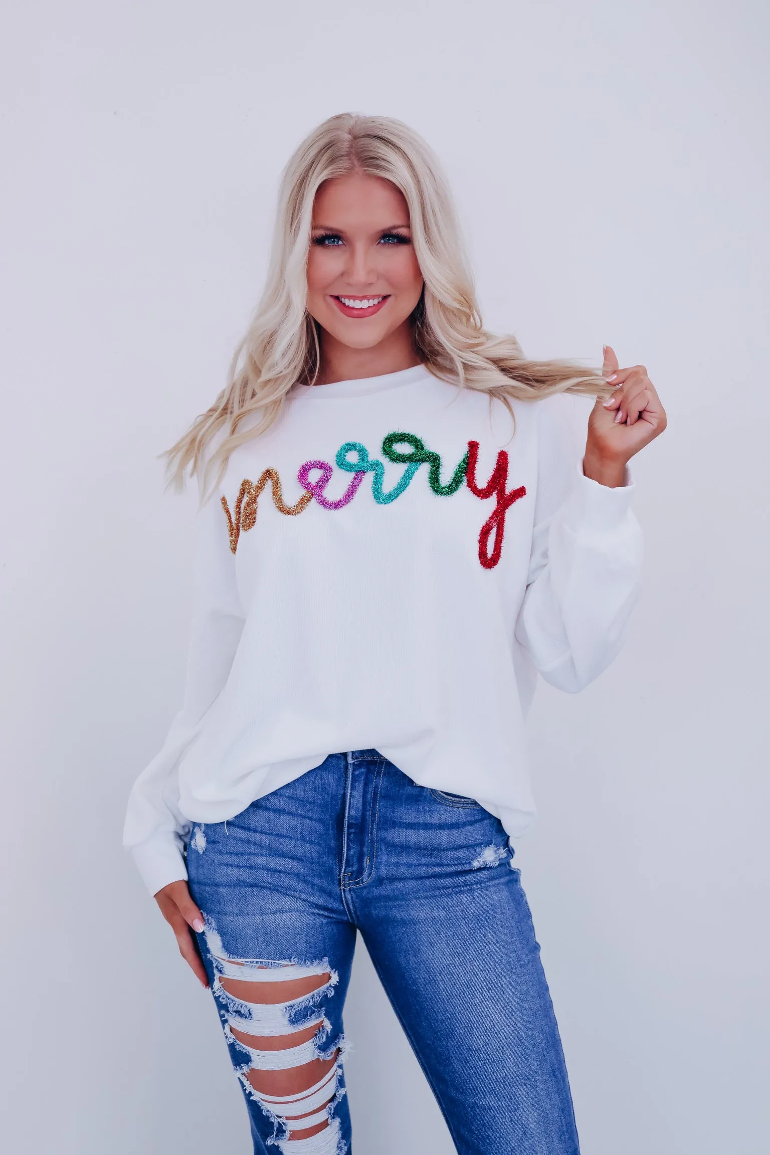 Merry Tinsel Ribbed Pullover - White