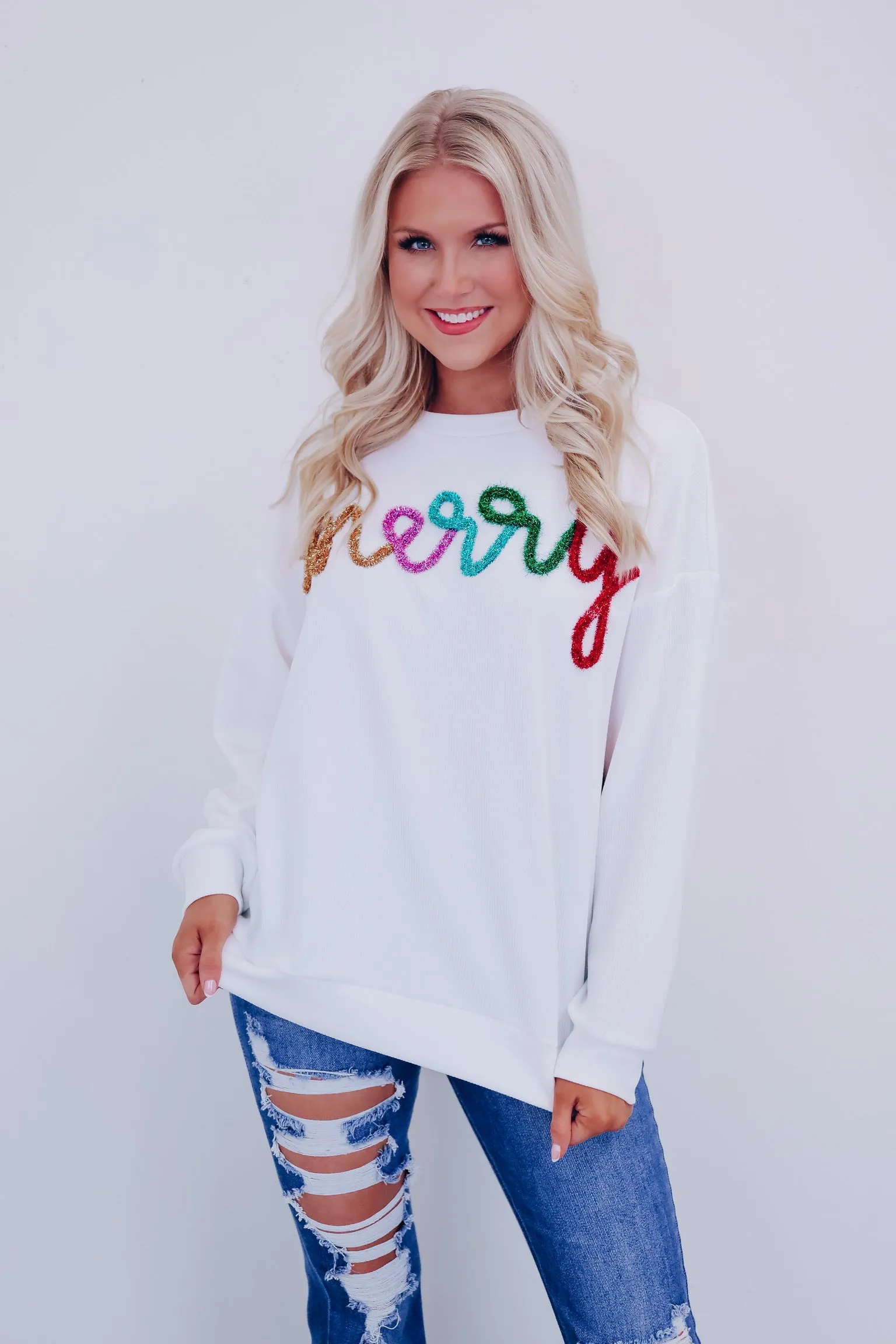 Merry Tinsel Ribbed Pullover - White