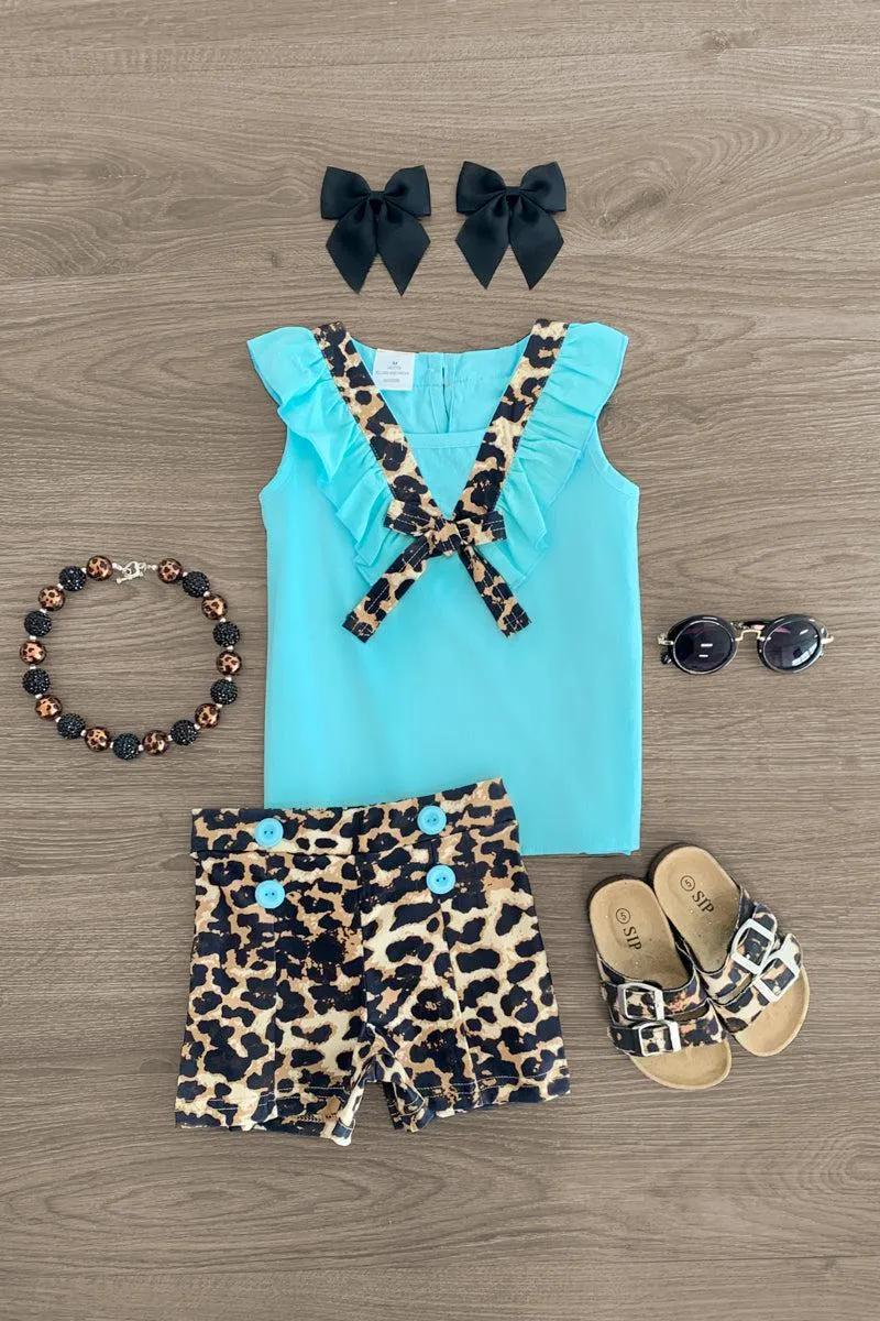 Mint & Cheetah High-Waisted Short Set