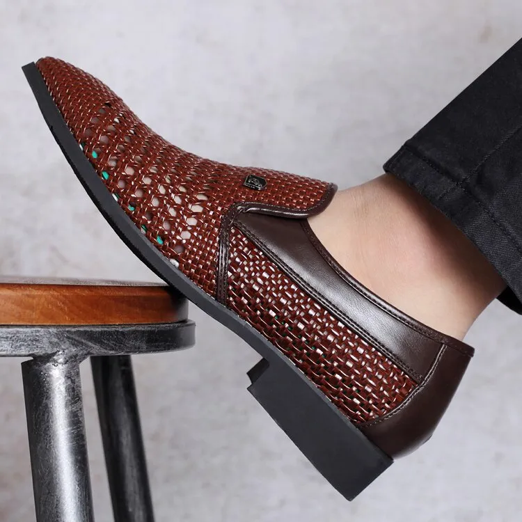 Misalwa Pointed Toe Hollow Weaving Leather Men Summer Dress Shoes Casual Style Breathable Men Office Shoes Party Wedding Shoes