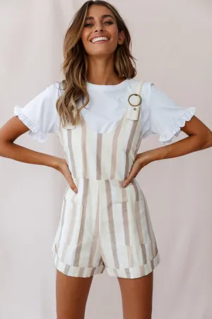 Neverland Buckle Strap Overalls Romper Stripe Print Beige