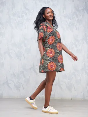 Nimali Ruffle Sleeve Short Dress - Black / Orange Ankara Print