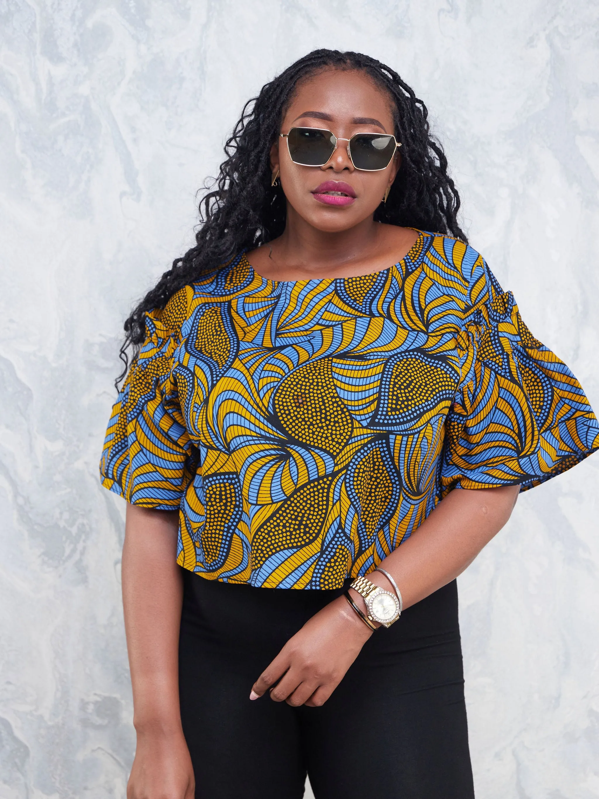 Nimali Ruffle Sleeve Top - Blue / Brown Ankara Print