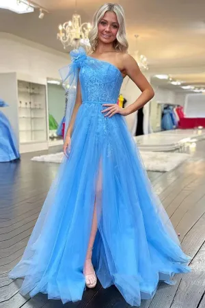 One Shoulder Blue Lace Long Prom Dresses with Slit PSK537