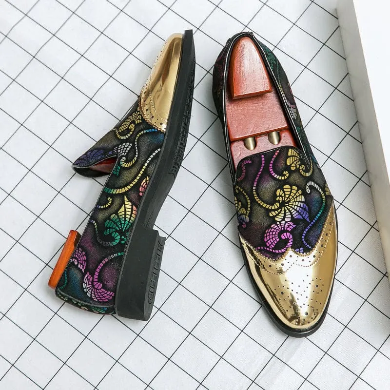 Ornate Men’s Formal Shoes with Gold Floral Embroidery