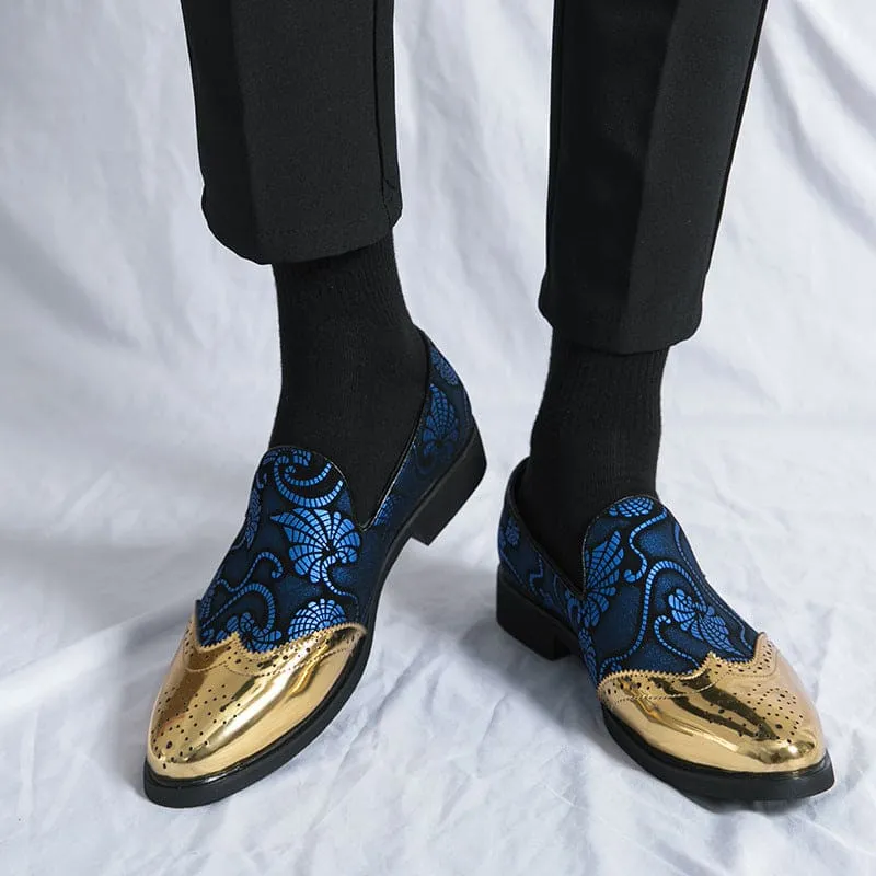 Ornate Men’s Formal Shoes with Gold Floral Embroidery