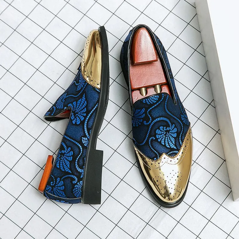 Ornate Men’s Formal Shoes with Gold Floral Embroidery