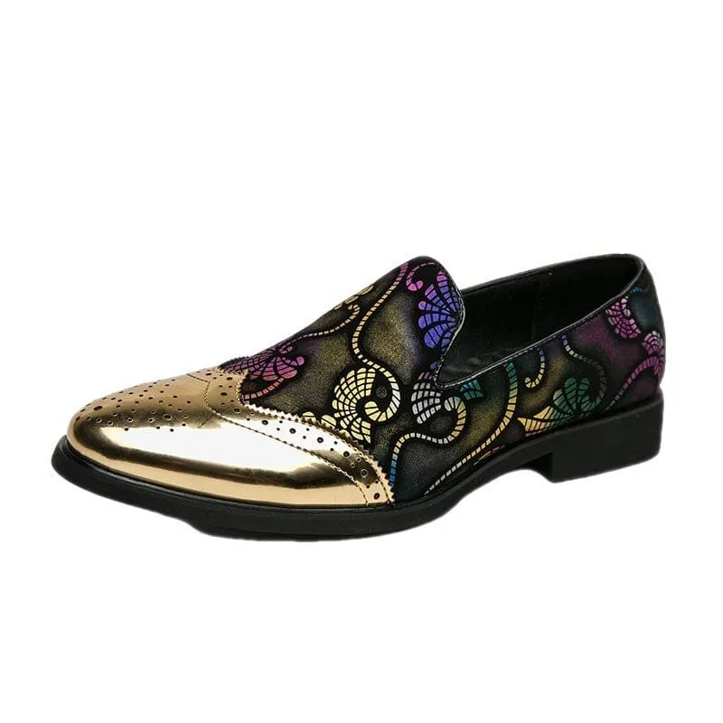 Ornate Men’s Formal Shoes with Gold Floral Embroidery