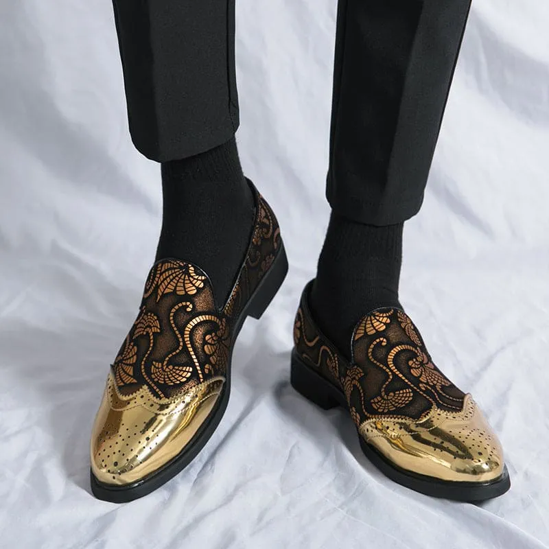 Ornate Men’s Formal Shoes with Gold Floral Embroidery