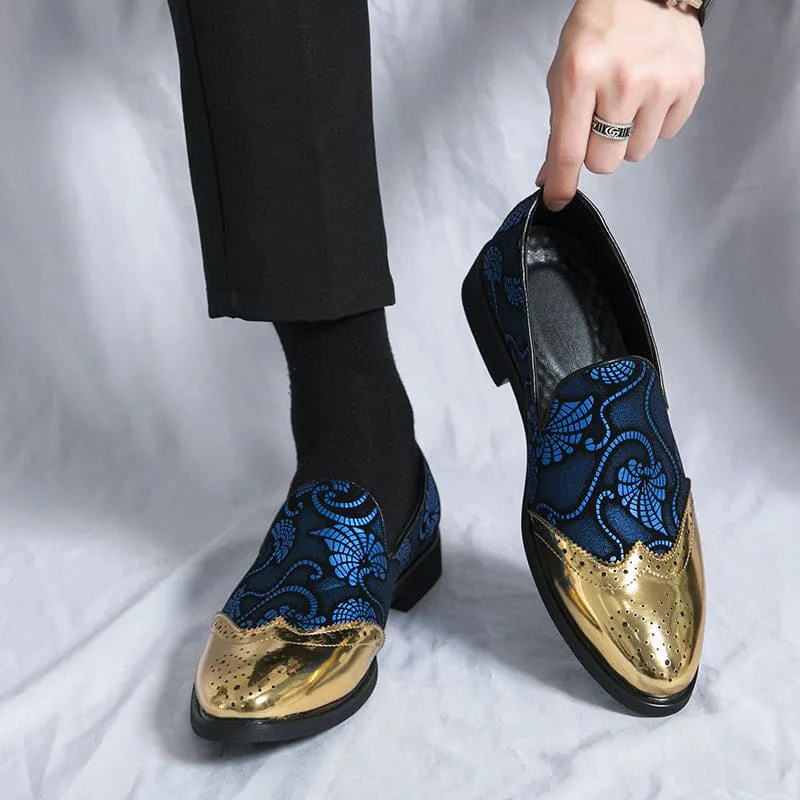 Ornate Men’s Formal Shoes with Gold Floral Embroidery