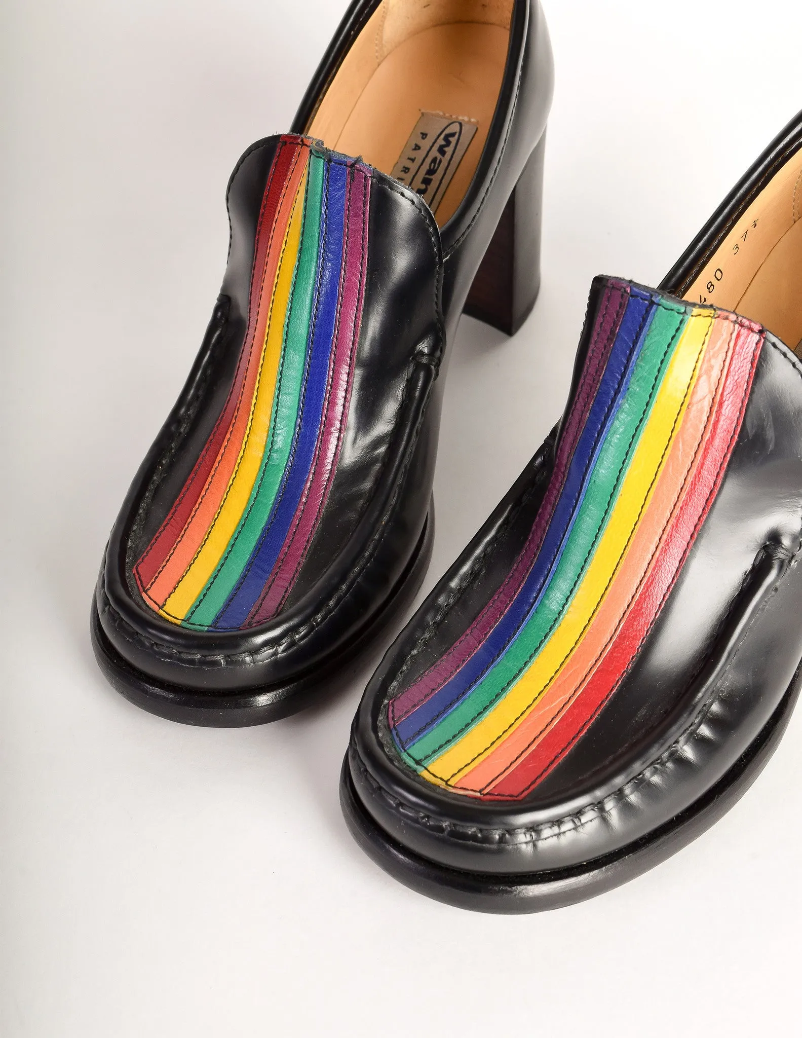 Patrick Cox Vintage Rainbow Stripe Black Leather Heeled Loafer Shoes