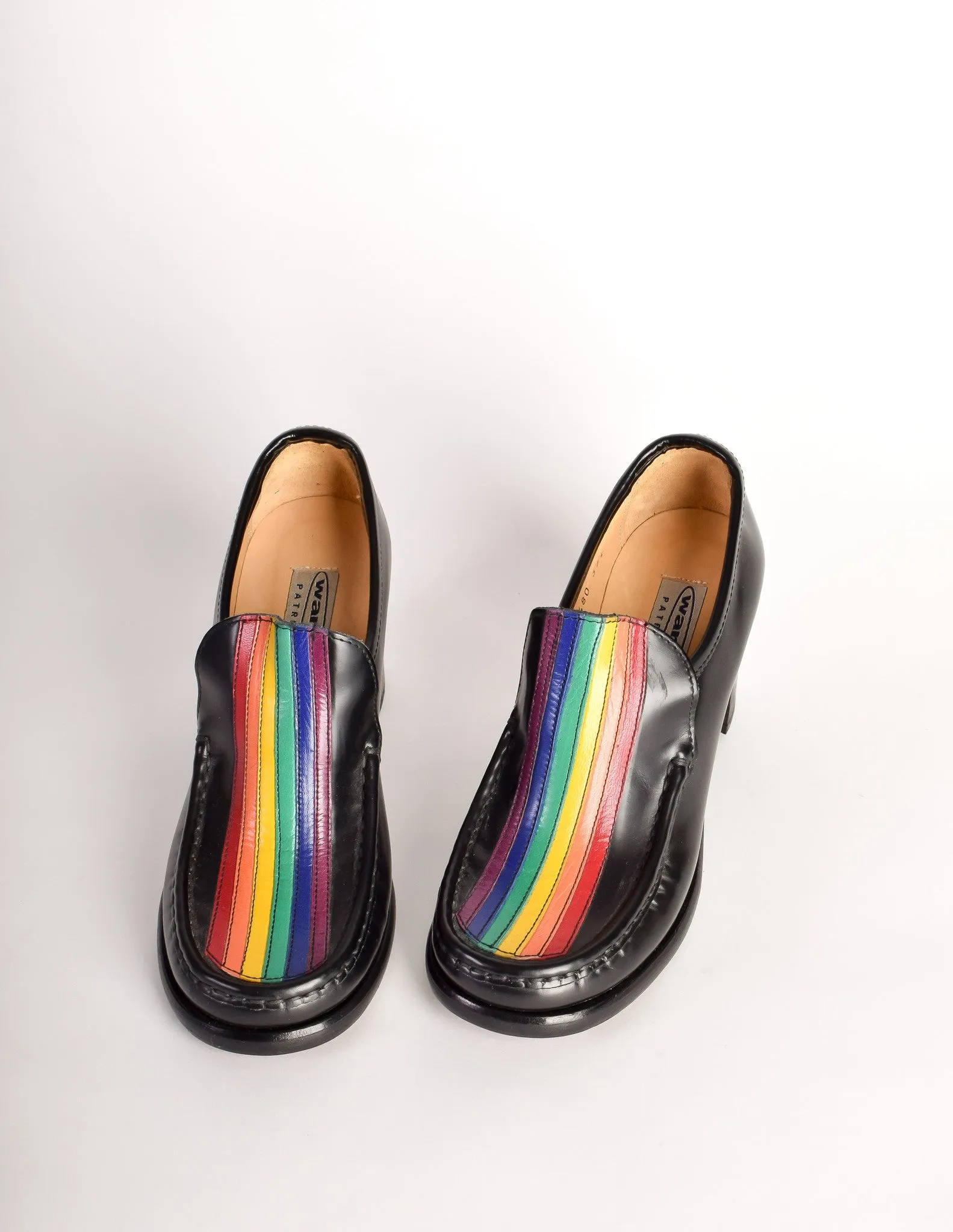 Patrick Cox Vintage Rainbow Stripe Black Leather Heeled Loafer Shoes