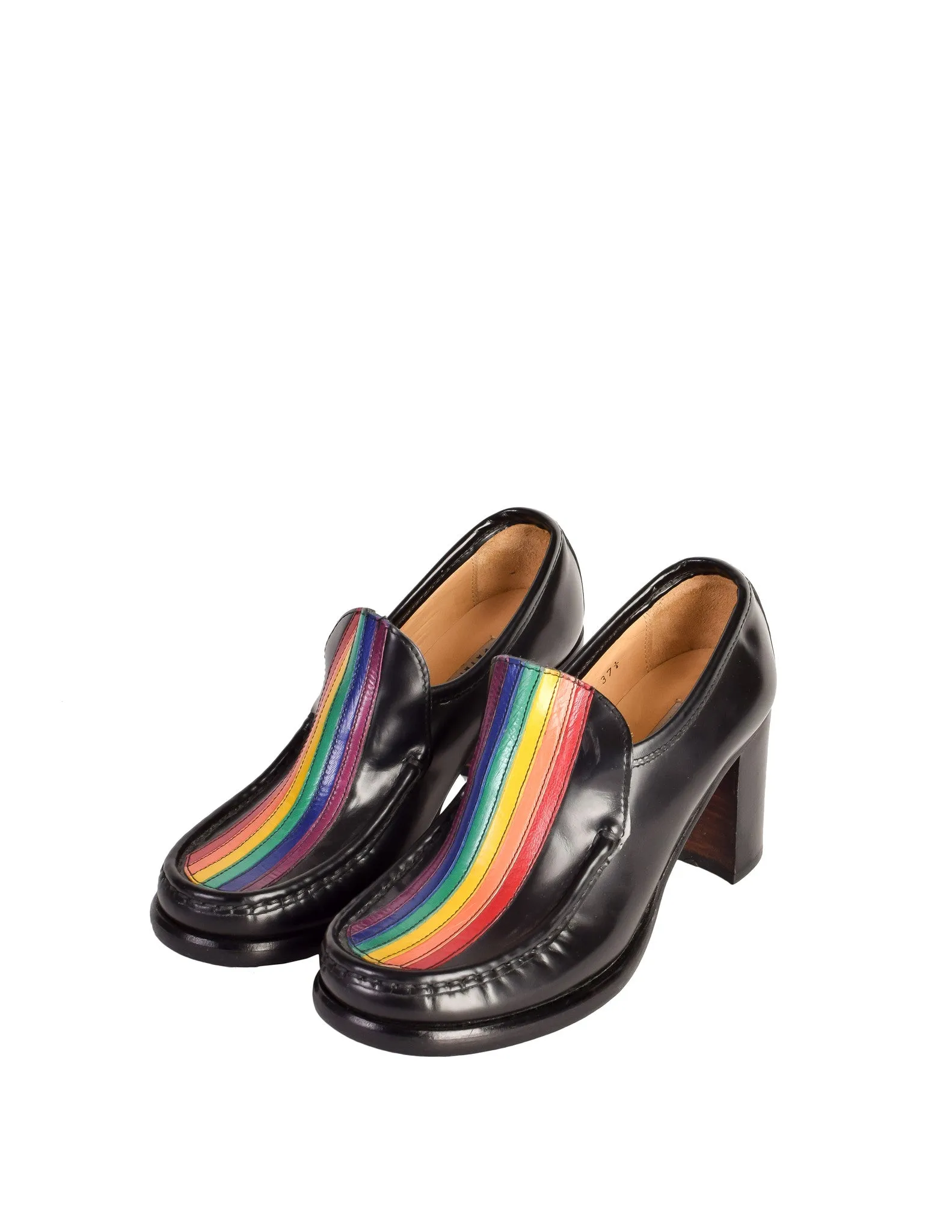 Patrick Cox Vintage Rainbow Stripe Black Leather Heeled Loafer Shoes