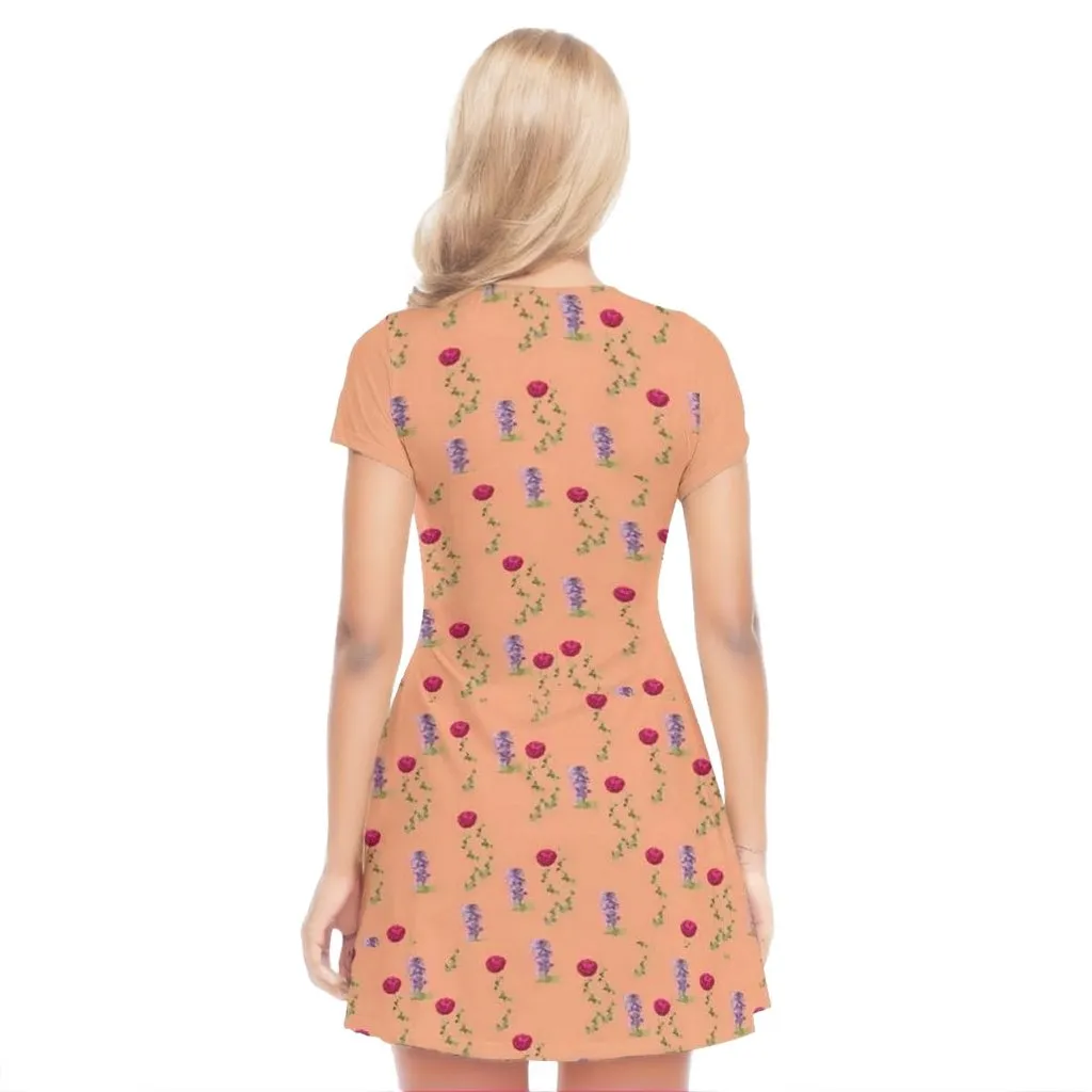 Peach Floral Womens Layered V-Neck Baby Doll Dress