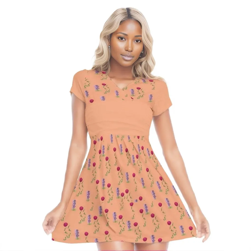 Peach Floral Womens Layered V-Neck Baby Doll Dress