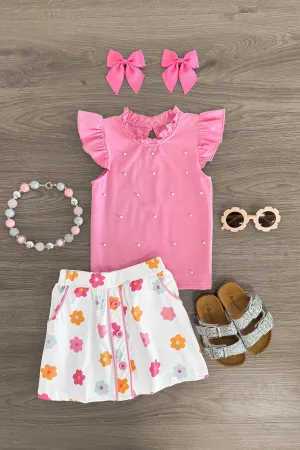 Pink Pearl Flower Skirt Set