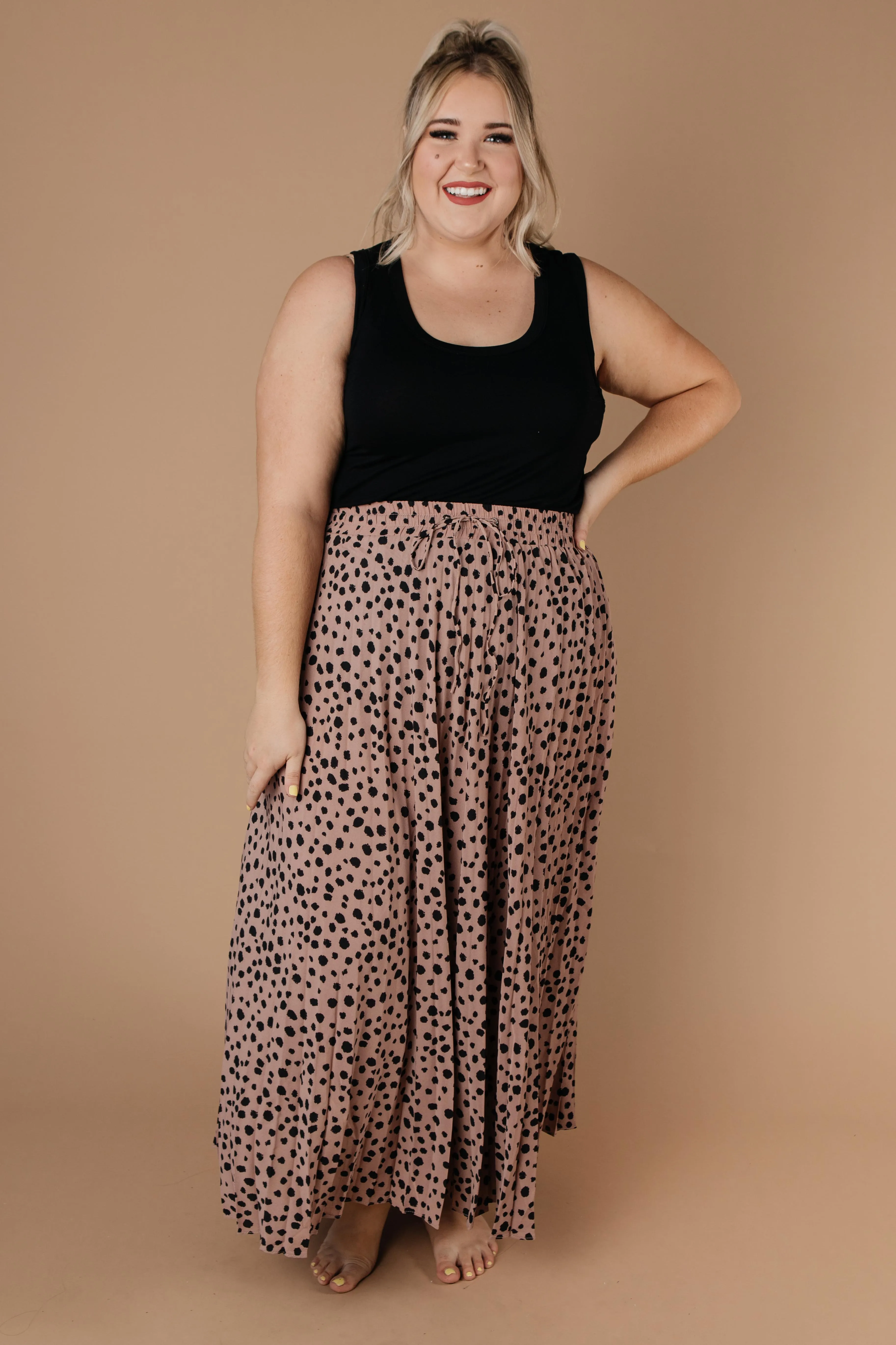 Pleated & Spotted Mauve Midi Skirt