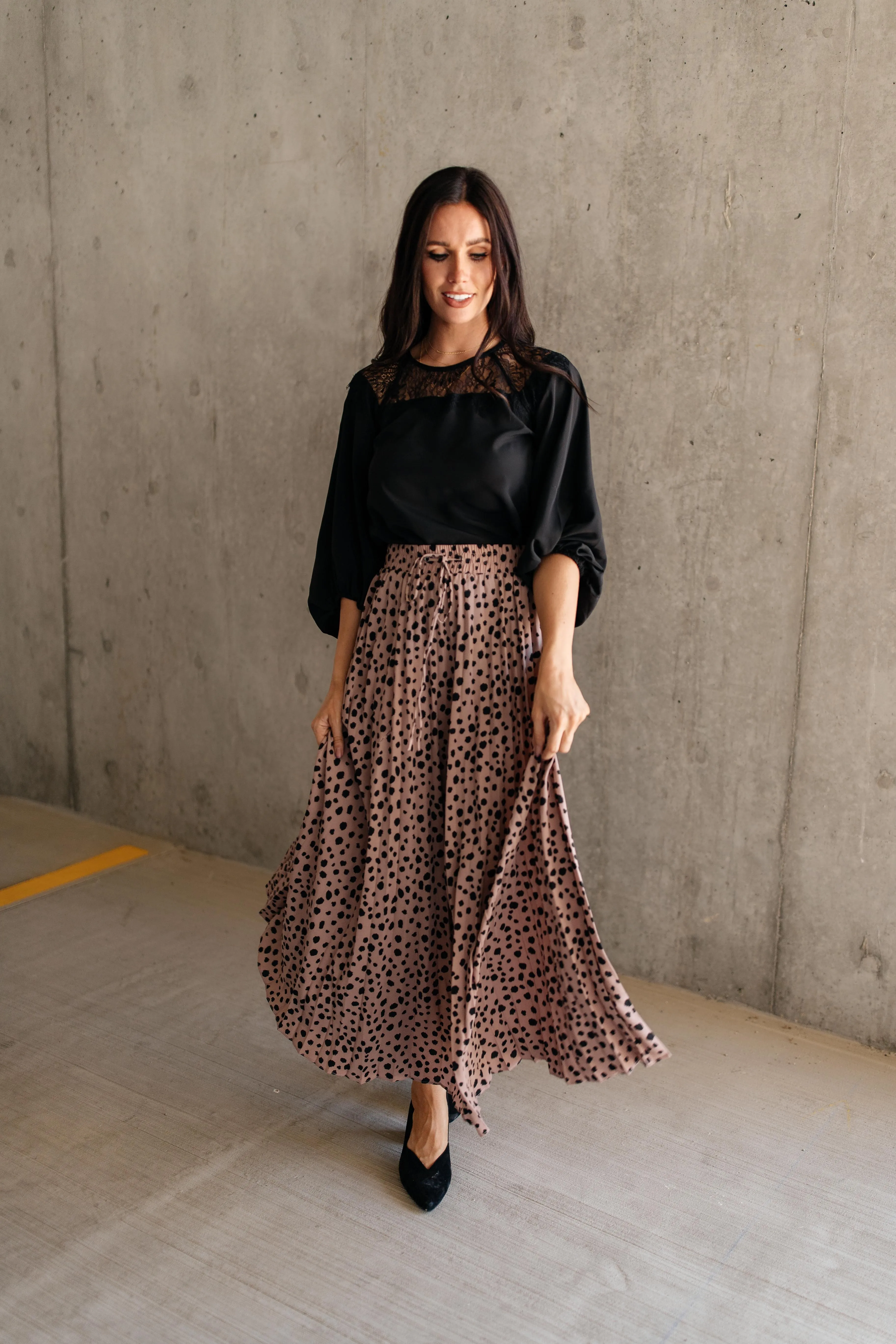 Pleated & Spotted Mauve Midi Skirt