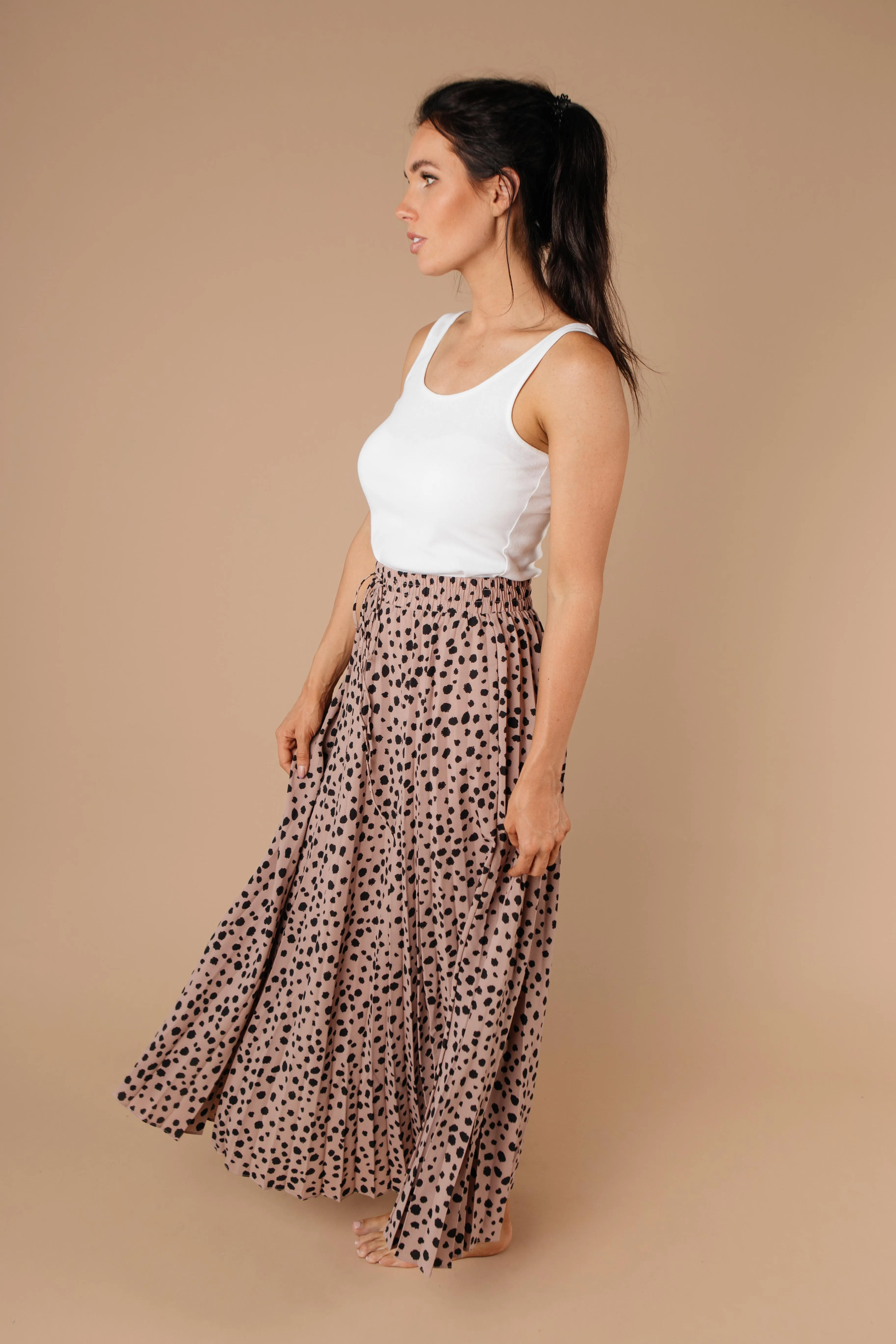 Pleated & Spotted Mauve Midi Skirt