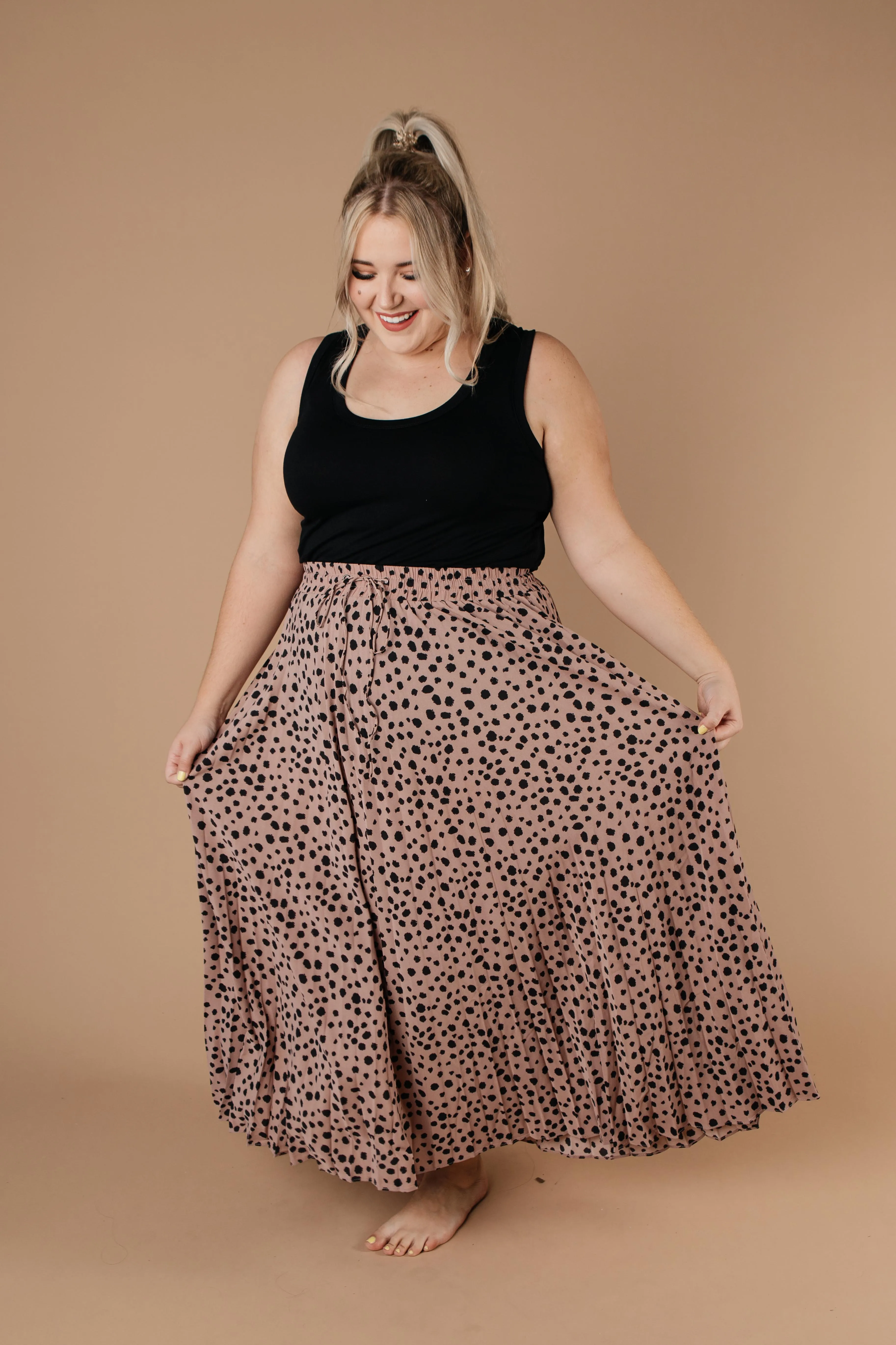 Pleated & Spotted Mauve Midi Skirt