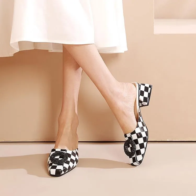 Printed Rhinestone Embellished Square Heel Mules