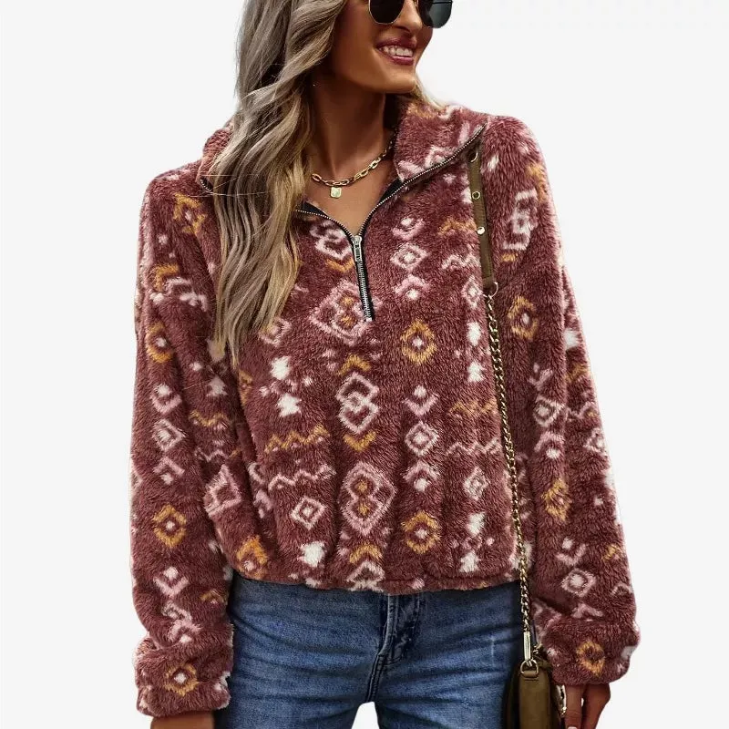 Quarter Zip Cropped Fleece Jacket High Pile Aztec Printed Brown Fleece Jacket