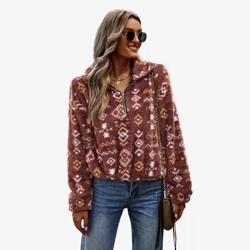 Quarter Zip Cropped Fleece Jacket High Pile Aztec Printed Brown Fleece Jacket