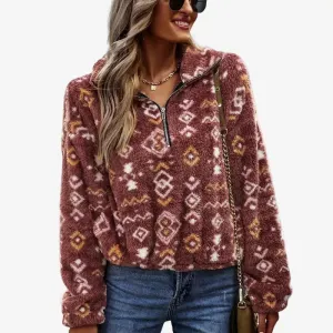 Quarter Zip Cropped Fleece Jacket High Pile Aztec Printed Brown Fleece Jacket