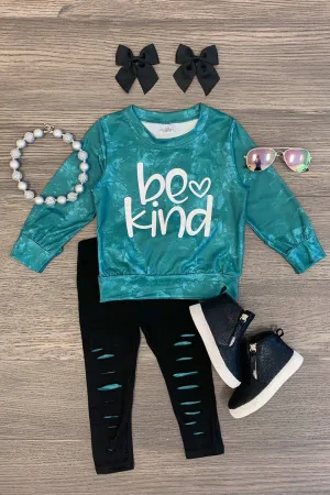 "Be Kind" Green Distressed Legging Set