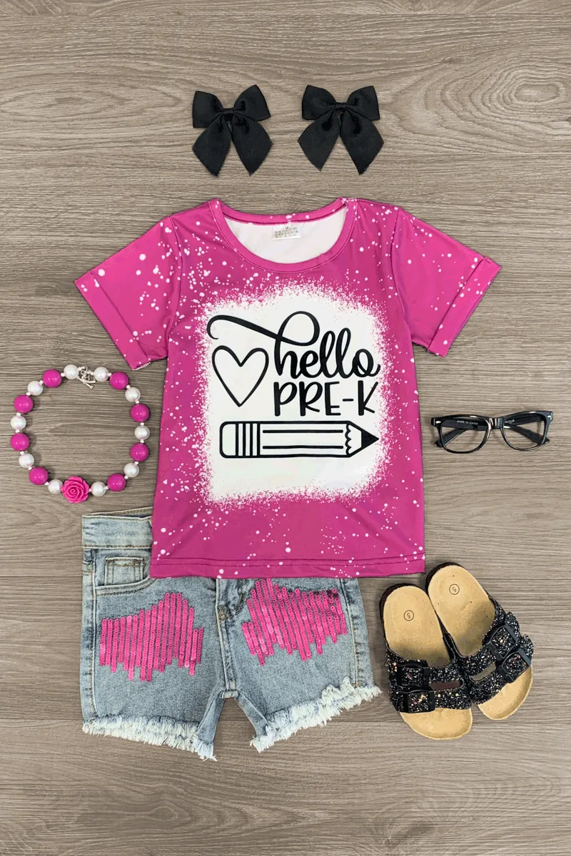 "Hello Pre-K - 6th Grade" Denim Short Set