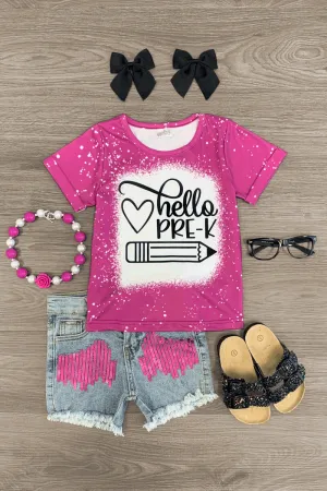 "Hello Pre-K - 6th Grade" Denim Short Set