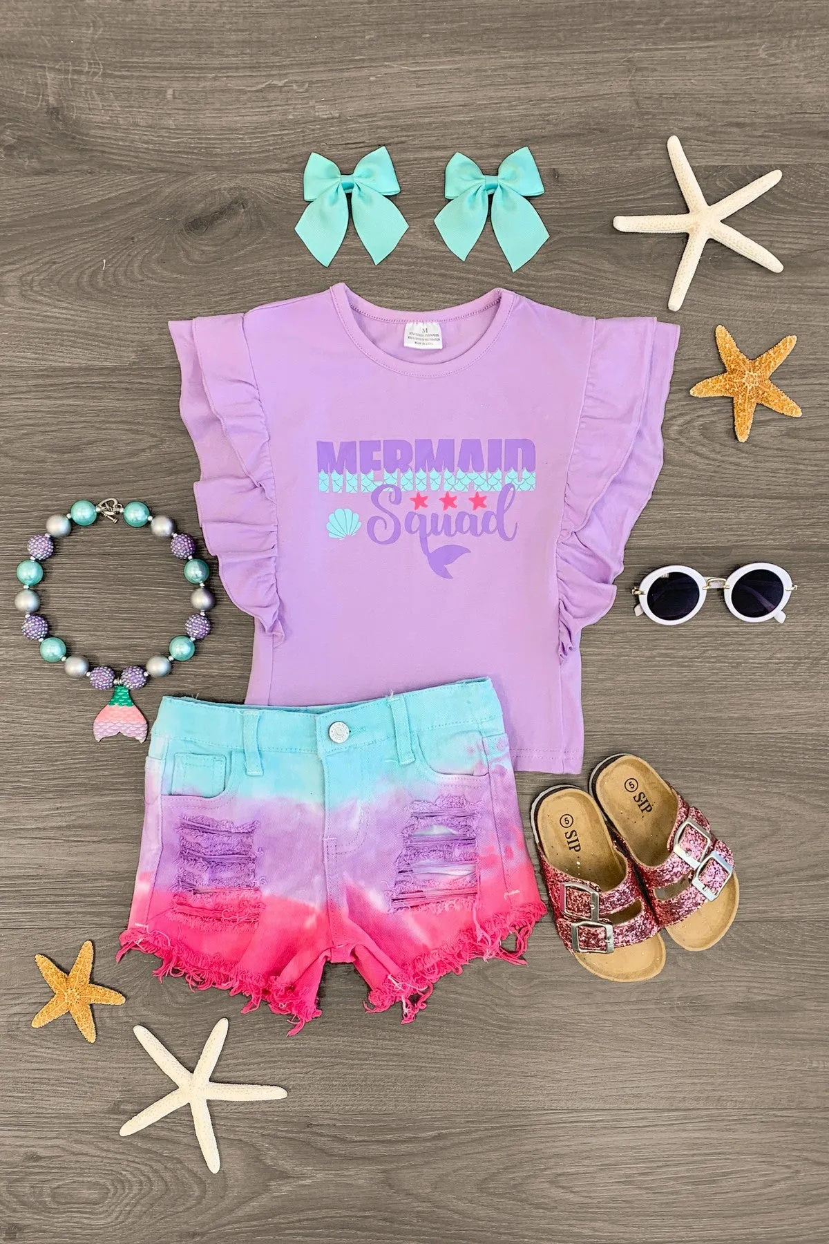 "Mermaid Squad" Purple Dip Dye Denim Short Set