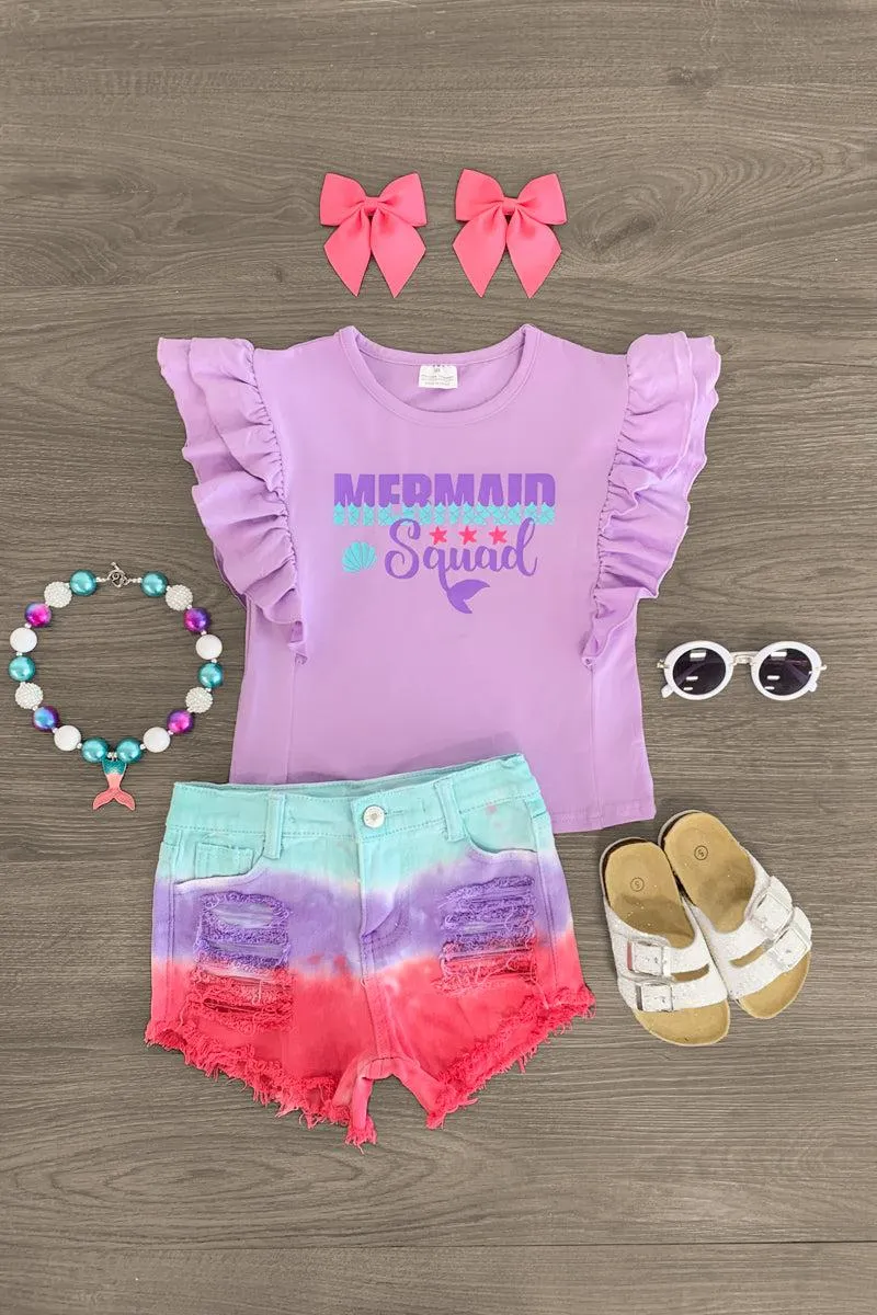 "Mermaid Squad" Purple Dip Dye Denim Short Set