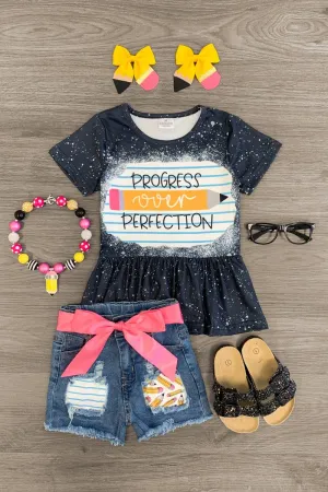 "Progress Over Perfection" Denim Short Set