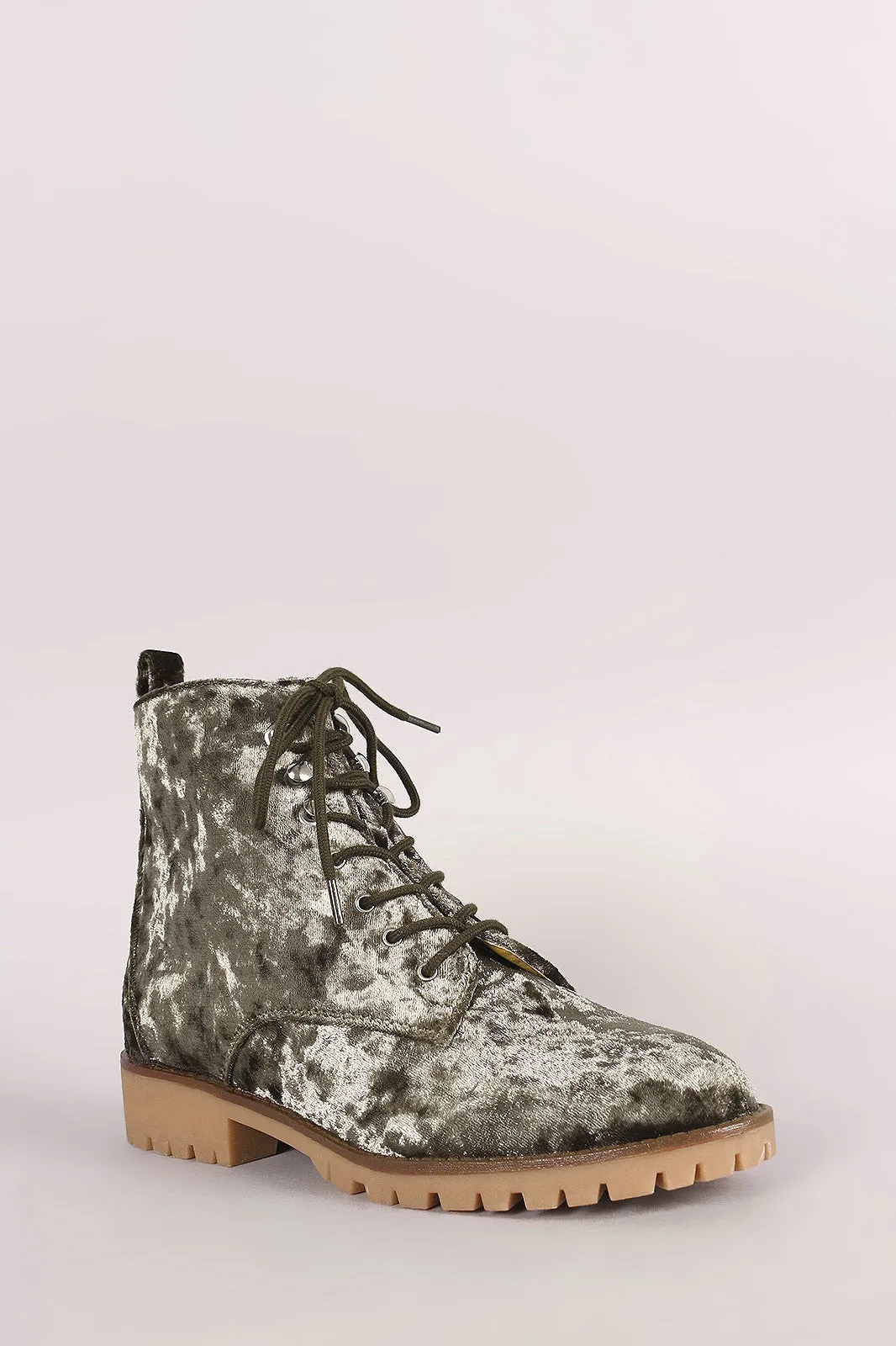 Qupid Velvet Round Toe Lace Up Combat Ankle Boots