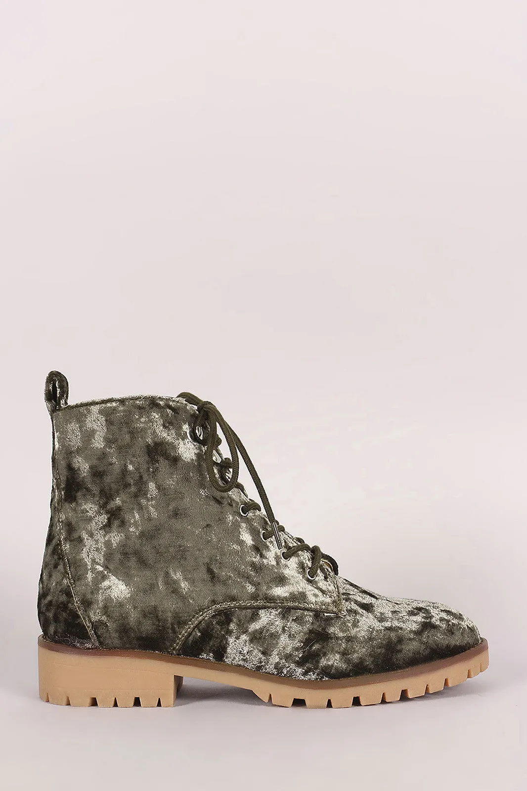 Qupid Velvet Round Toe Lace Up Combat Ankle Boots