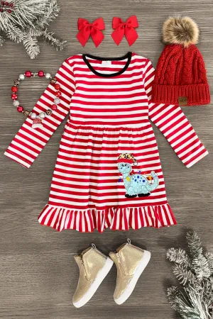 Red Striped Christmas Dinosaur Dress