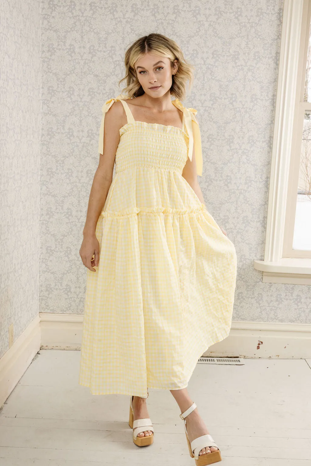 Rosie Ribbon Tie Midi Dress in Gingham