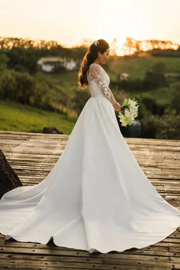 Rustic Lace Long Sleeves Tulle Wedding Dress With Detachable Satin WD624