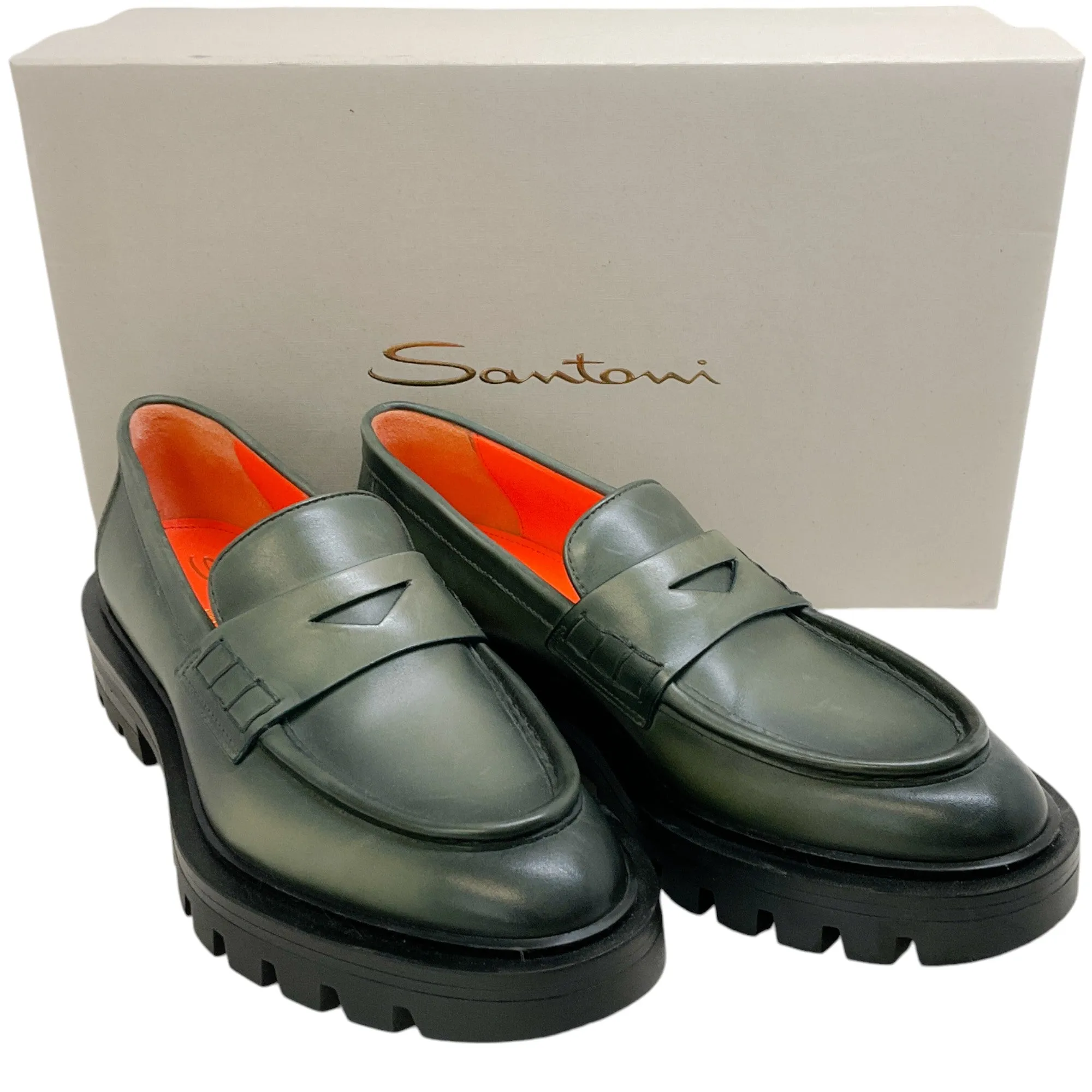 Santoni Green Leather Feline Loafers