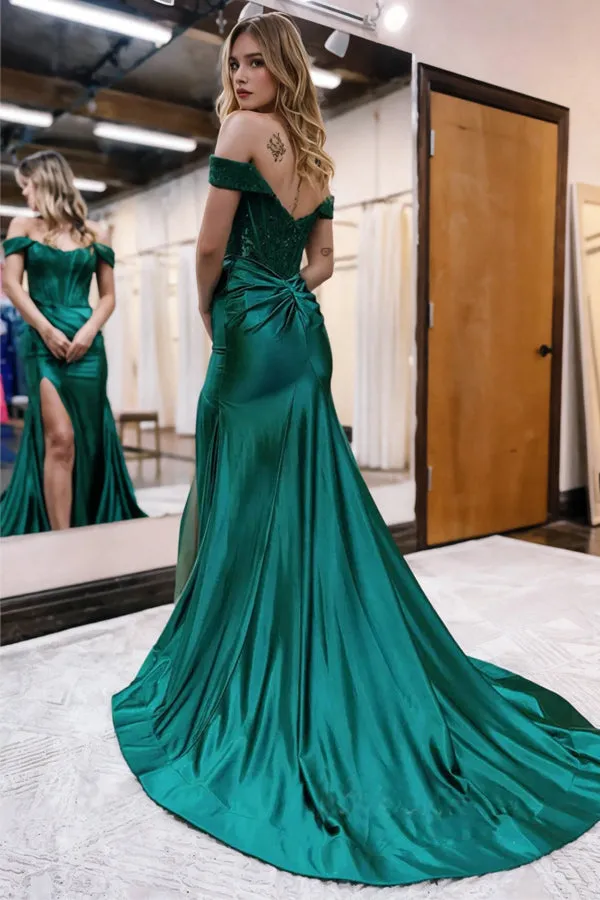 Satin Lace Mermaid Off Shoulder Long Prom Dress PSK375