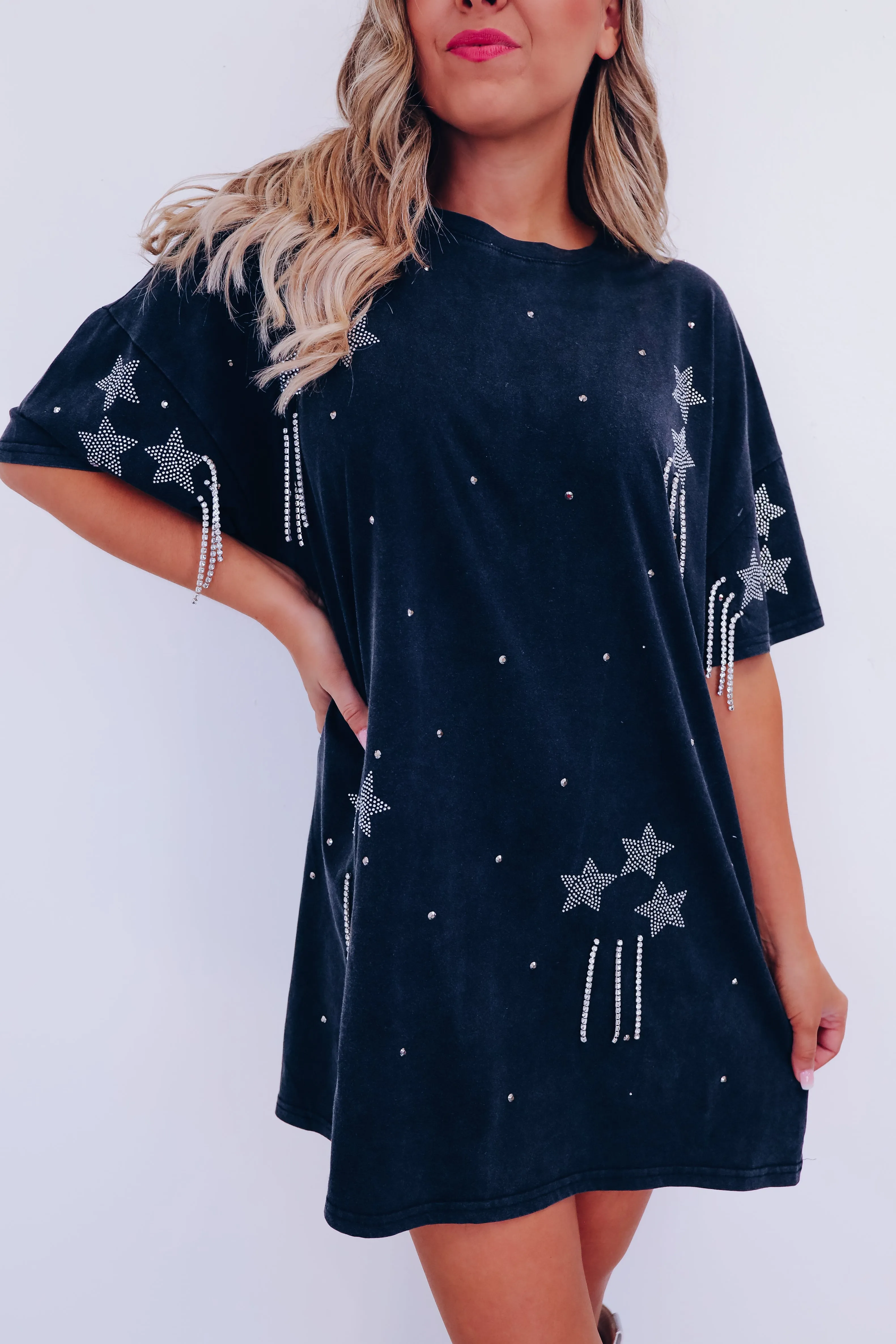 Shining Star Rhinestone T-Shirt Dress - Black