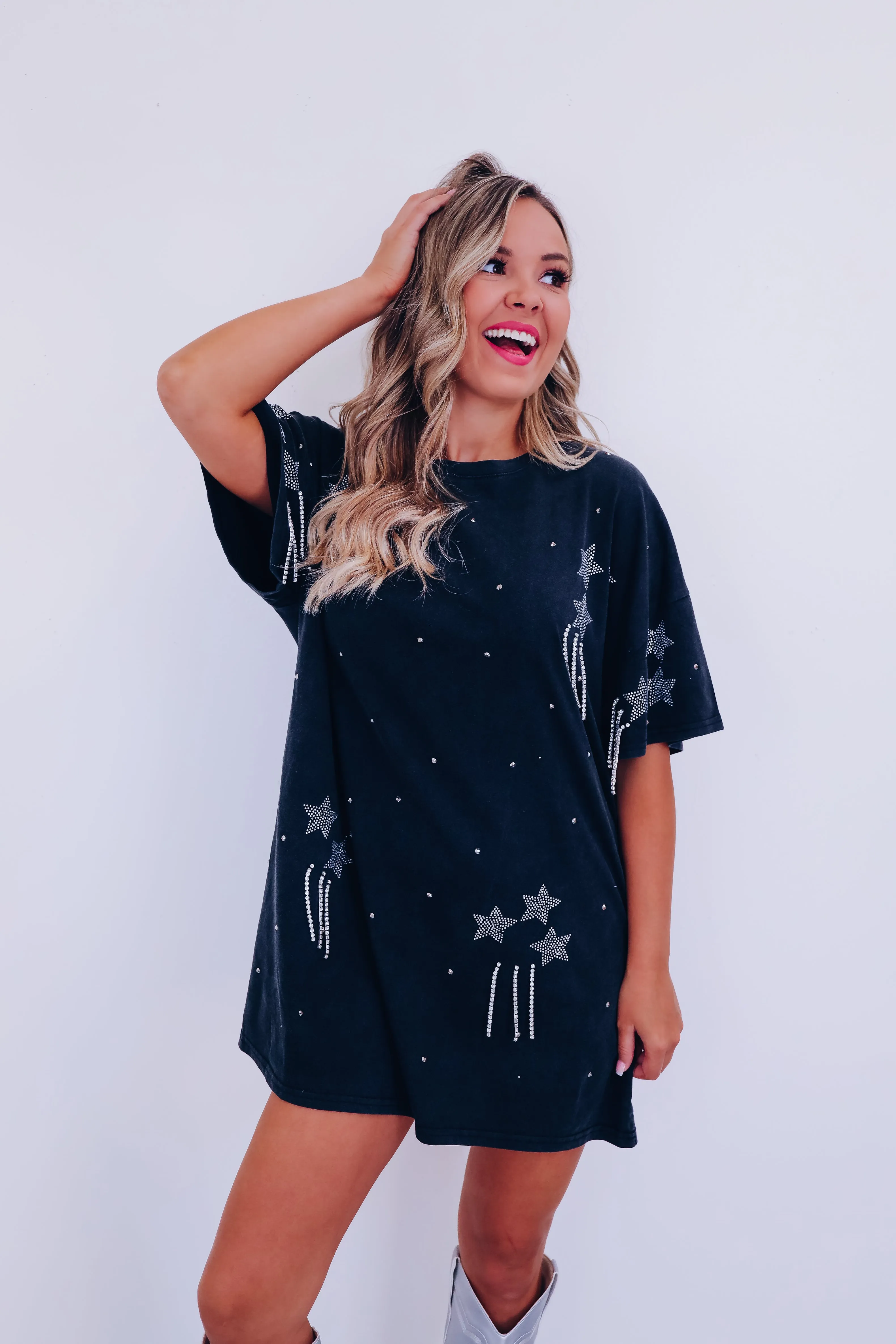 Shining Star Rhinestone T-Shirt Dress - Black