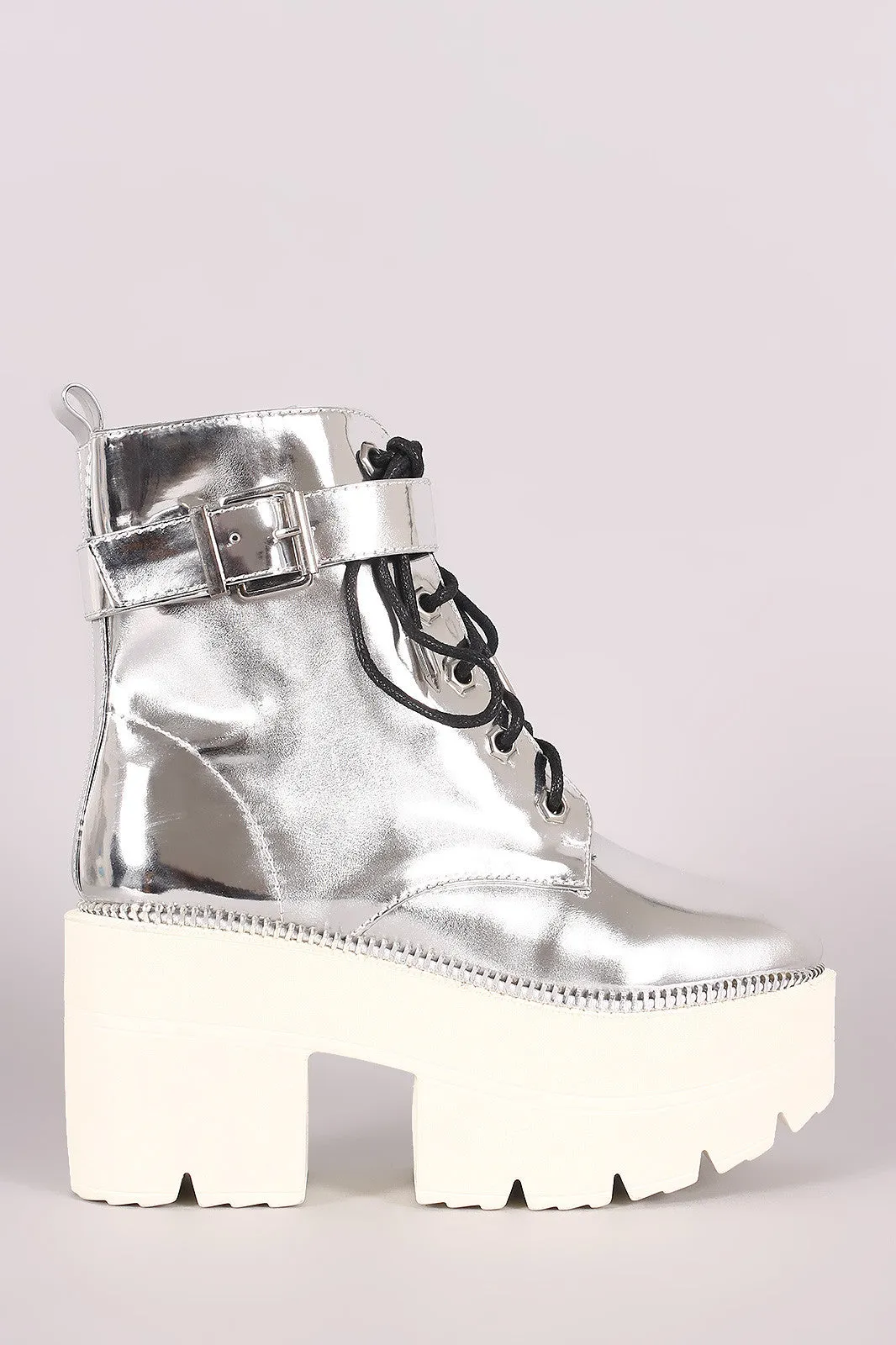 Shoe Republic LA Buckle Lace Up Lug Sole Metallic Chunky Platform Booties