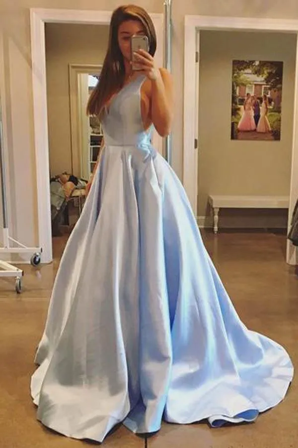 Simple A-line V-neck Satin  Prom Dresses with Pocket  PG491