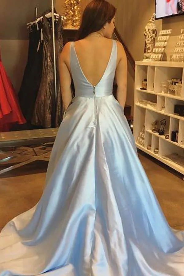 Simple A-line V-neck Satin  Prom Dresses with Pocket  PG491