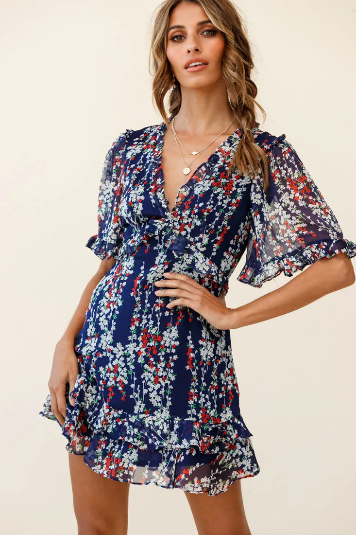 Sincerely V-Neck Double Frill Hem Tea Dress Floral Print Navy